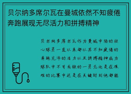 贝尔纳多席尔瓦在曼城依然不知疲倦奔跑展现无尽活力和拼搏精神 贝尔纳多席尔瓦在曼城依然不知疲倦奔跑展现无尽活力和拼搏精神