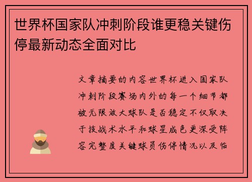世界杯国家队冲刺阶段谁更稳关键伤停最新动态全面对比